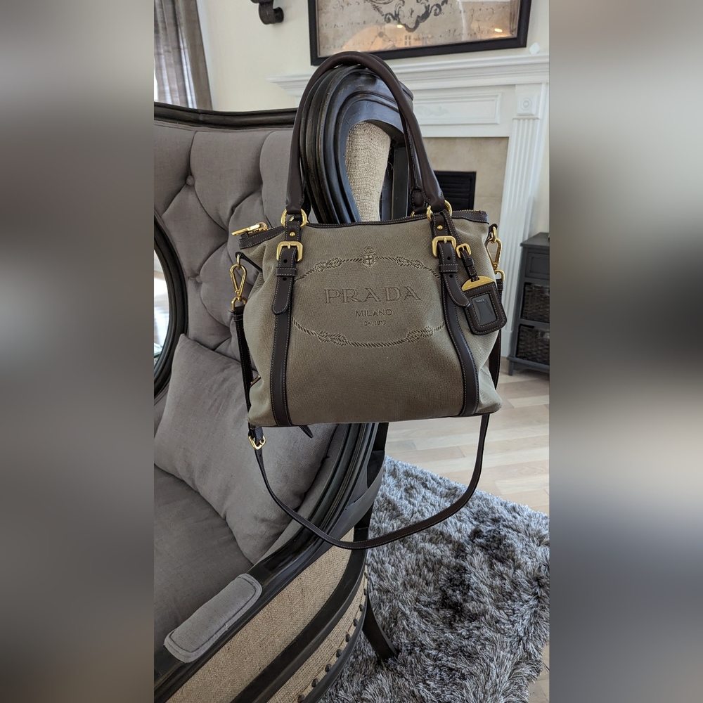 Prada Olive Green and Dark Brown Leather Trim Crossbody Tote
